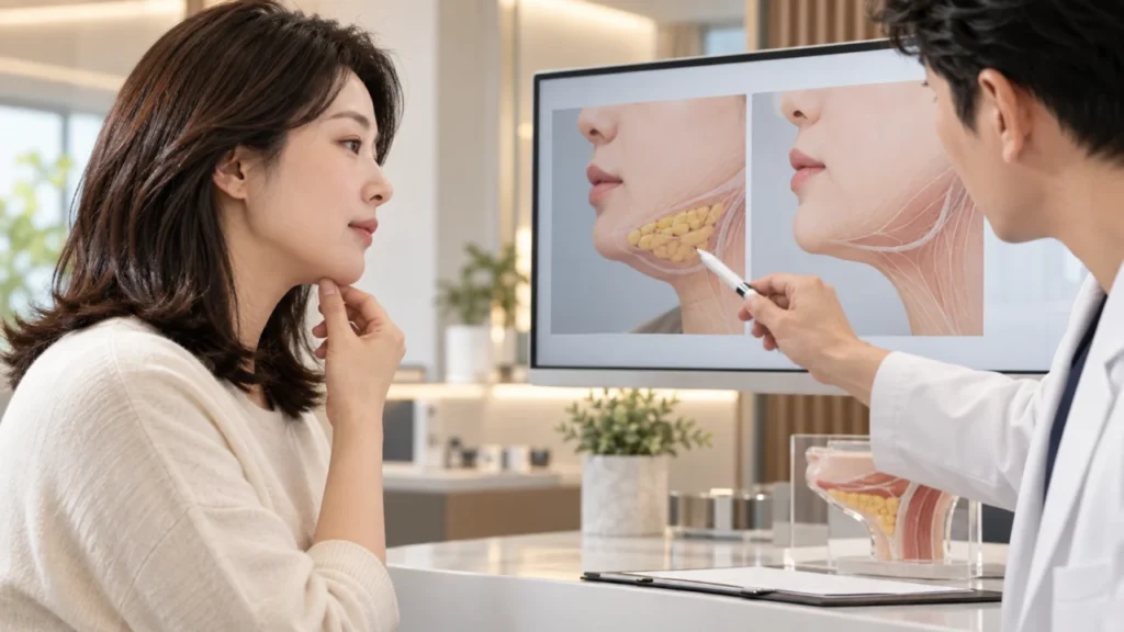 이중턱이 지방과 피부 처짐 등 다양한 원인으로 생길 수 있음을 보여주는 그림