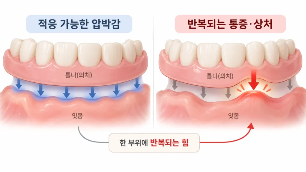 틀니로 인한 압박과 통증이 반복되는 부위를 설명하는 그림