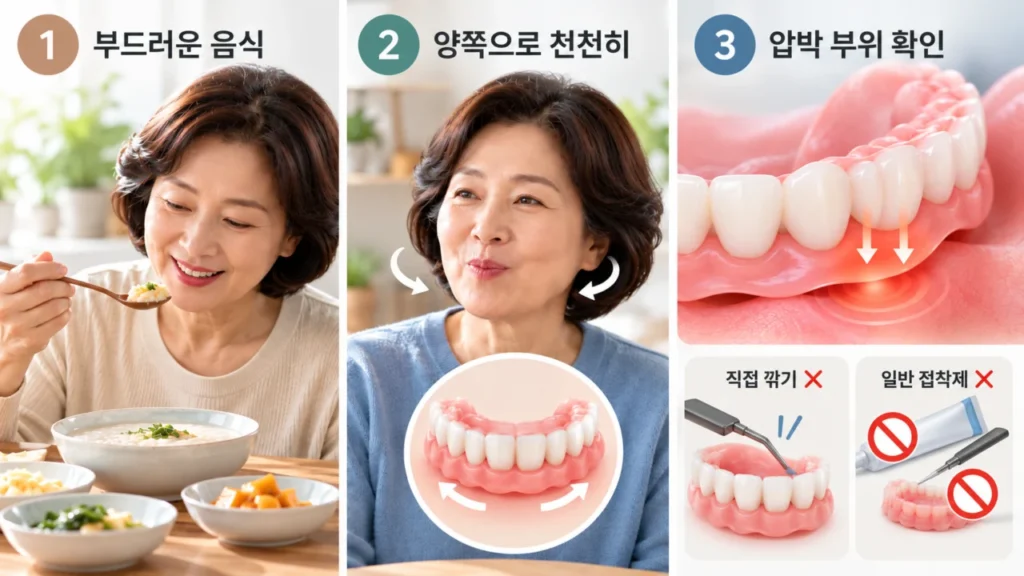 부드러운 음식으로 틀니 적응과 반복되는 압박 조정 과정을 설명하는 그림