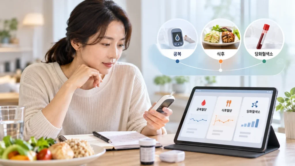공복혈당, 식후혈당, 당화혈색소를 함께 확인하는 당뇨관리 흐름을 설명하는 그림