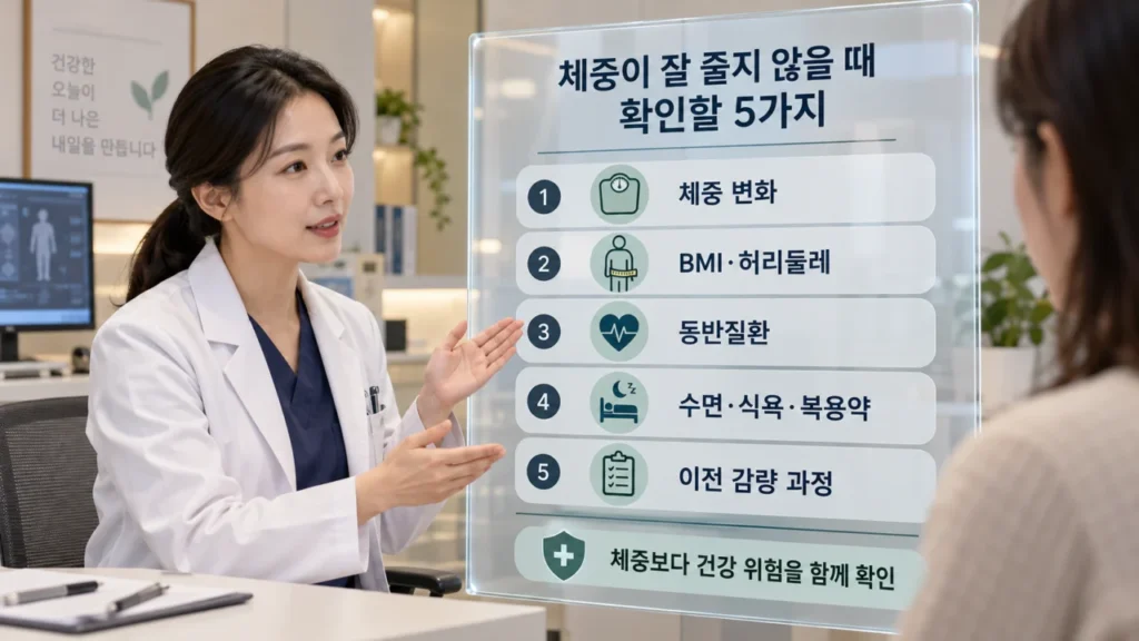 살이 잘 빠지지 않을 때 점검해야 할 다섯 가지 항목을 안내하는 체크리스트 이미지