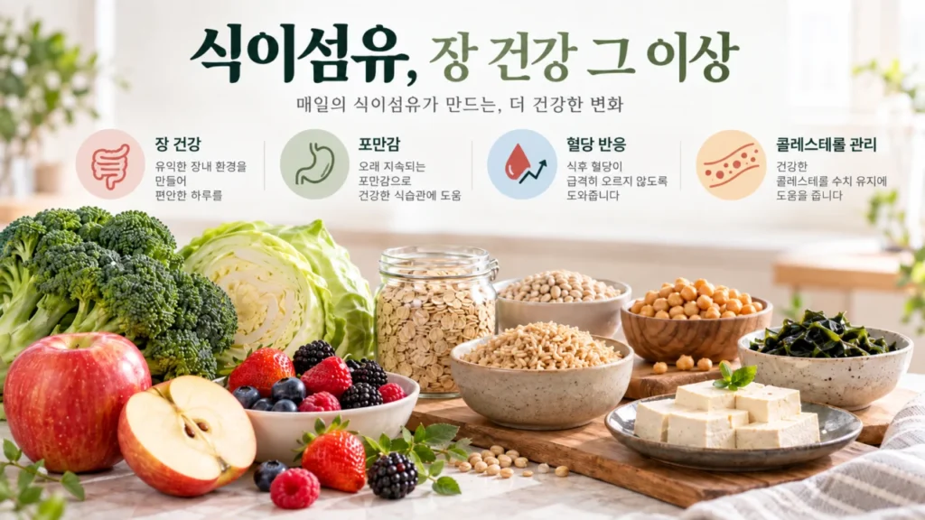식이섬유가 풍부한 채소, 과일, 통곡물, 콩류, 해조류 이미지