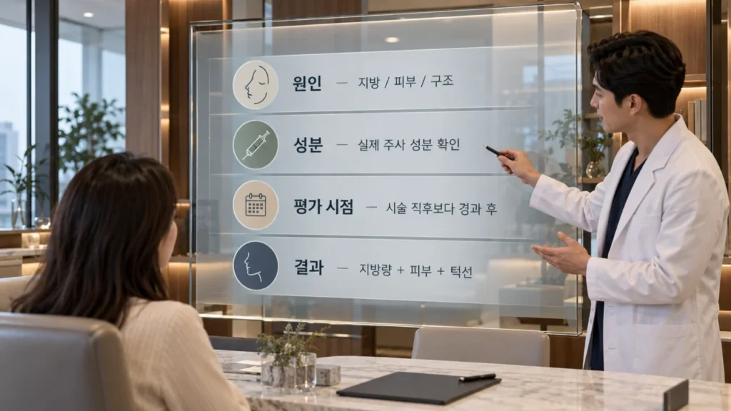 이중턱 주사 전 확인해야 할 체크리스트를 보여주는 그림
