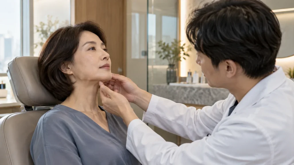 이중턱 주사로 인한 턱밑 지방 변화와 효과를 설명하는 그림