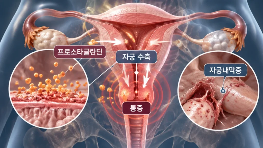 프로스타글란딘과 자궁내막증 관련 생리통 기전을 설명하는 그림