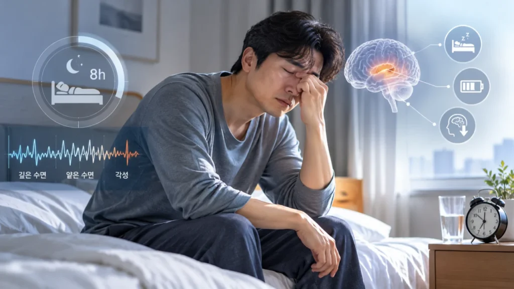 8시간을 자도 피곤한 상태를 상징하는 이미지
