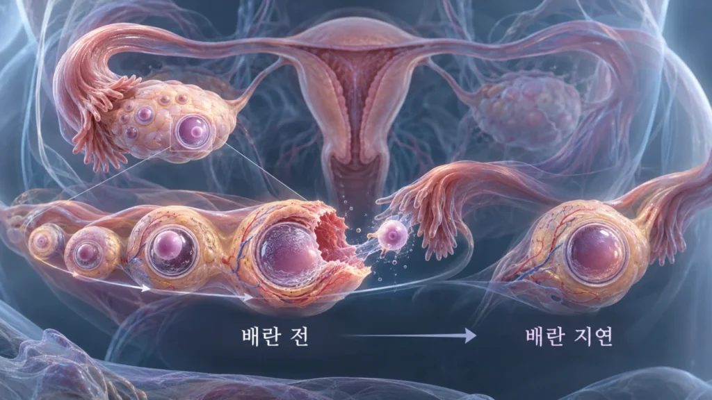 응급피임약이 배란을 지연하거나 억제하는 원리를 설명하는 그림