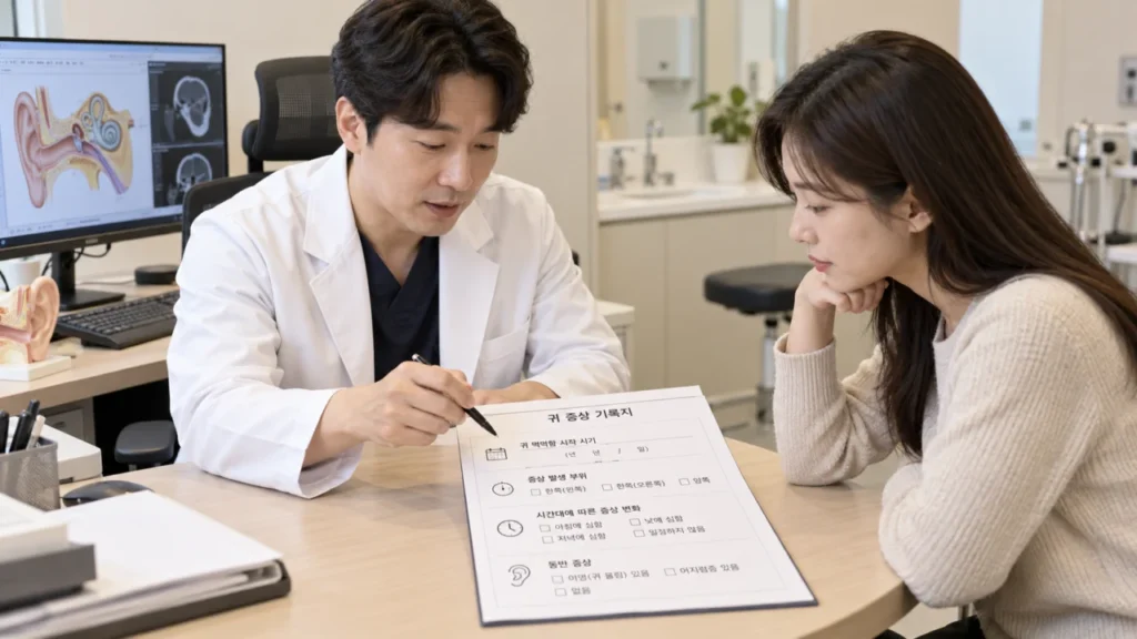 귀 증상 경과를 기록하고 상담하는 모습을 나타낸 그림