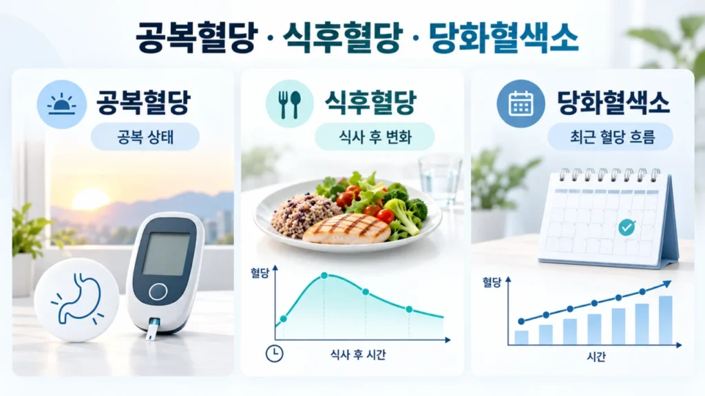 공복혈당, 식후혈당, 당화혈색소의 정보 차이를 비교하는 도식