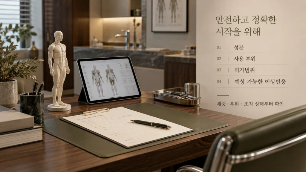 지방분해주사 시 실제 성분, 제품, 허가사항을 확인하는 과정을 나타내는 그림