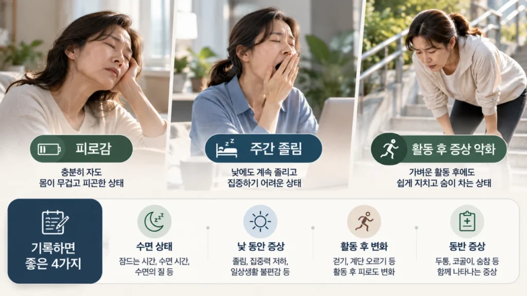 피로감과 낮 졸림, 활동 후 증상 악화의 차이를 안내하는 도식