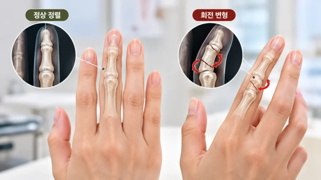 손가락 골절에서 뼈의 정렬과 회전 변형을 확인하는 그림