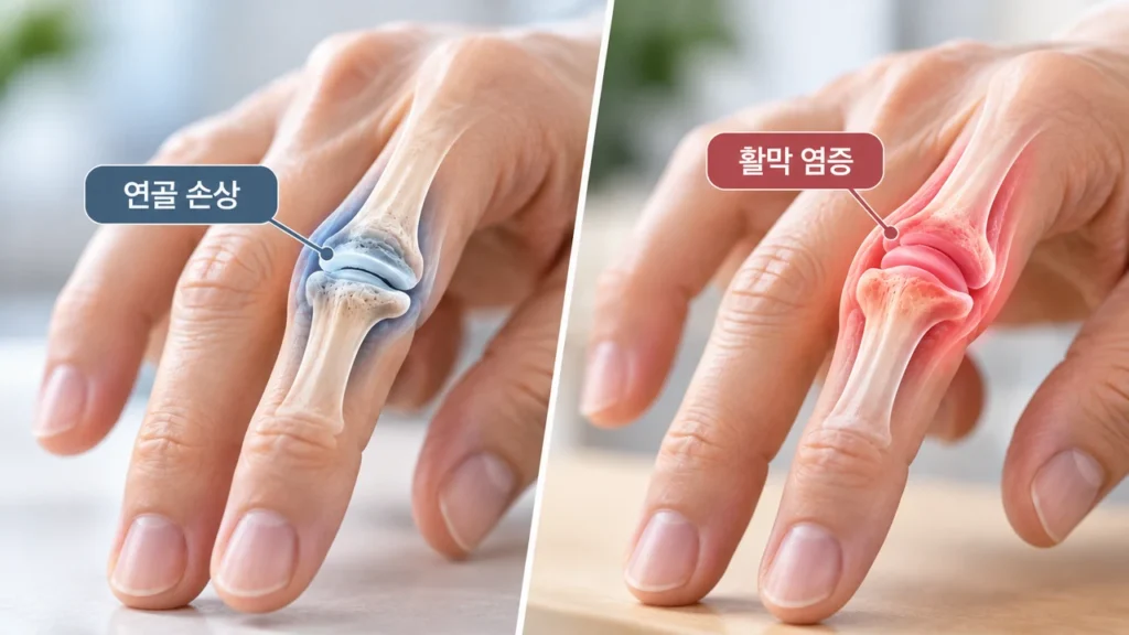 퇴행성 관절염과 류마티스관절염의 관절 조직 변화를 비교한 그림