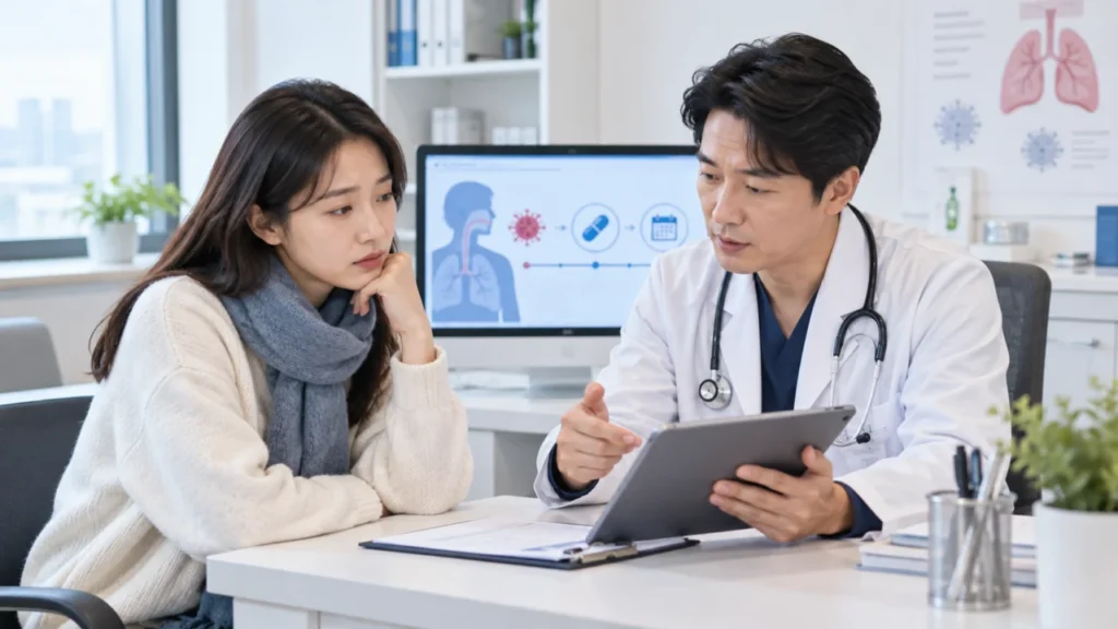 독감 치료에서 48시간 이내 항바이러스제 복용이 중요한 초기 시간대임을 설명하는 그림