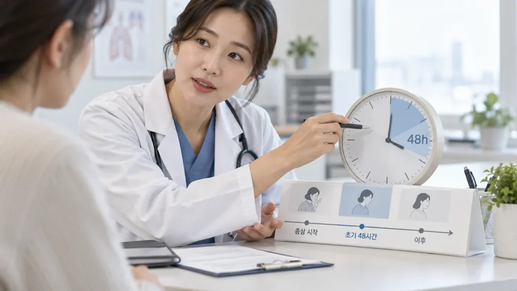 독감 항바이러스제 치료 시 증상 시작 시점과 고위험군 여부를 함께 판단하는 장면