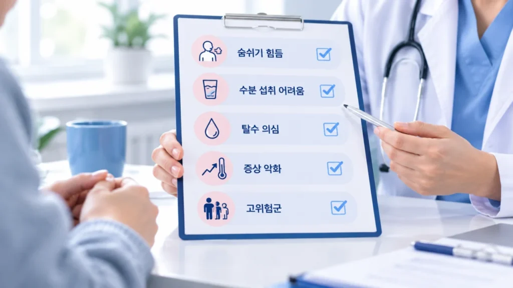 독감 치료 중 증상 악화나 수분 섭취 곤란 등 주의해야 할 경고 신호를 안내하는 체크리스트
