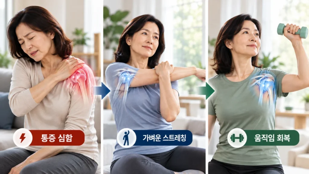 오십견 운동 단계별 가이드와 증상별 운동 방법을 안내하는 그림