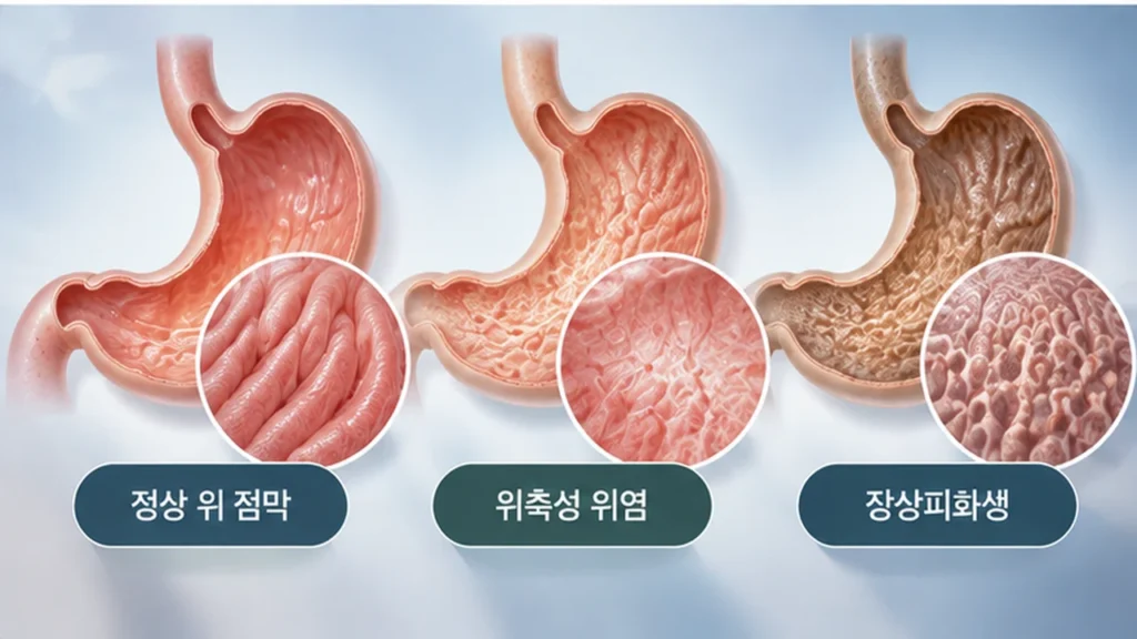 헬리코박터균 제거 후 위 점막의 염증과 구조 변화의 차이를 보여주는 그림