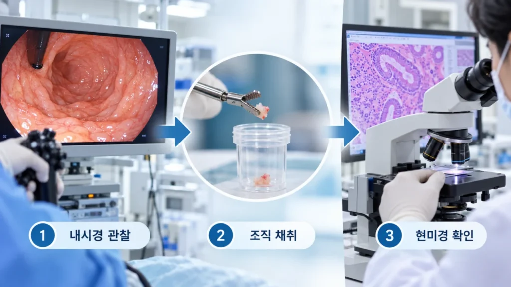 조직검사로 병변의 조직 수준 변화를 확인하는 과정
