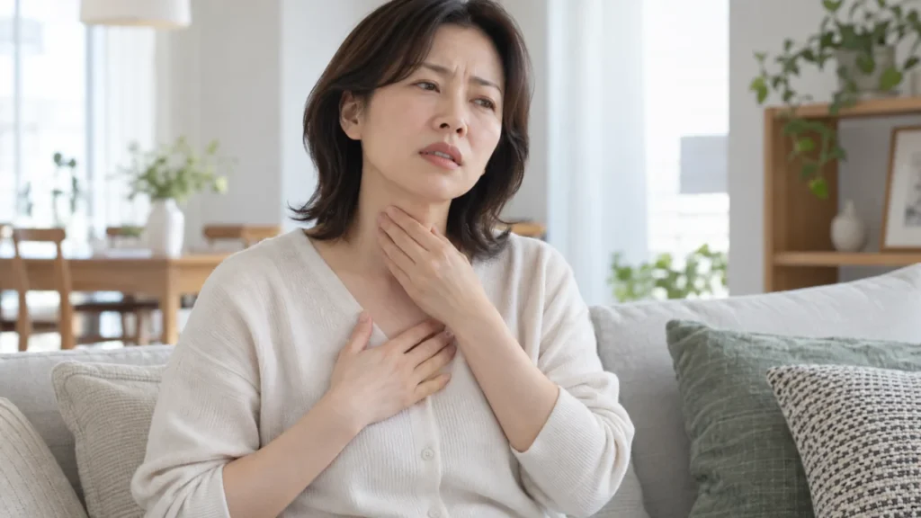 역류성식도염에서 속쓰림 없이 가슴이나 목 불편감이 나타날 수 있음을 설명하는 그림