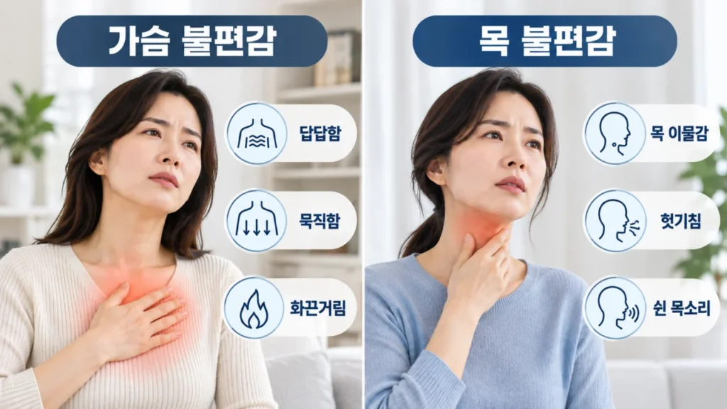 위식도역류질환과 연관된 다양한 가슴과 목 증상을 보여주는 그림