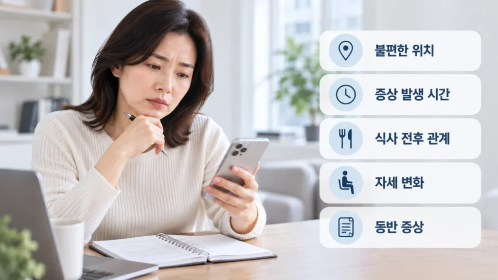 가슴과 목 불편감의 위치, 시간, 식사와의 관계, 동반 증상 기록을 안내하는 체크리스트 그림