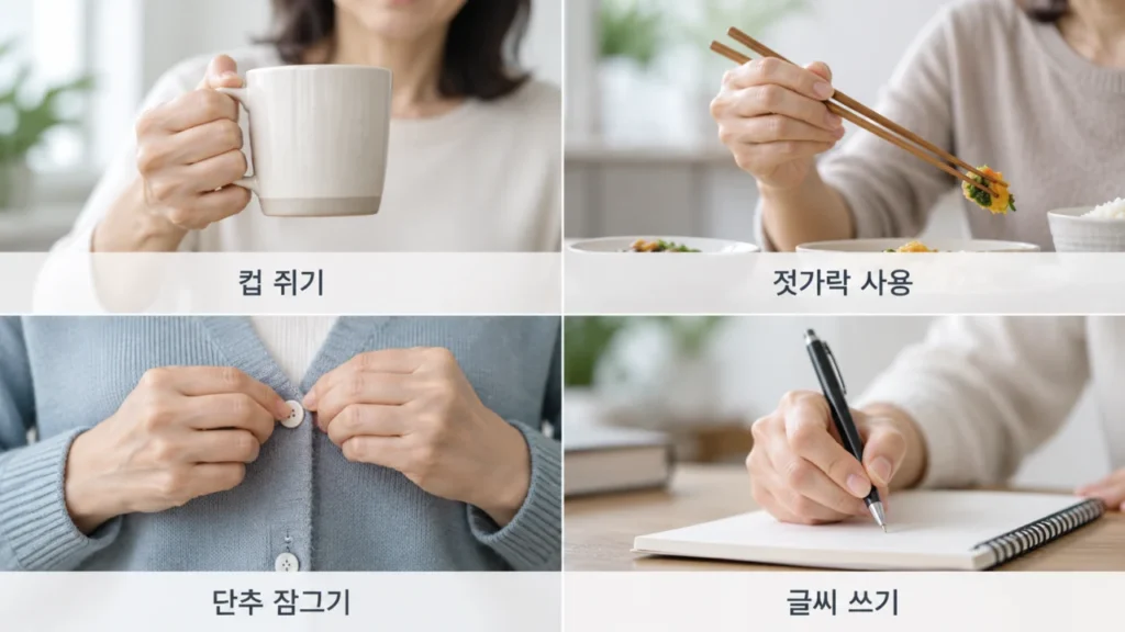 손바닥 쥐는 힘과 젓가락·단추 동작의 차이를 비교하는 그림