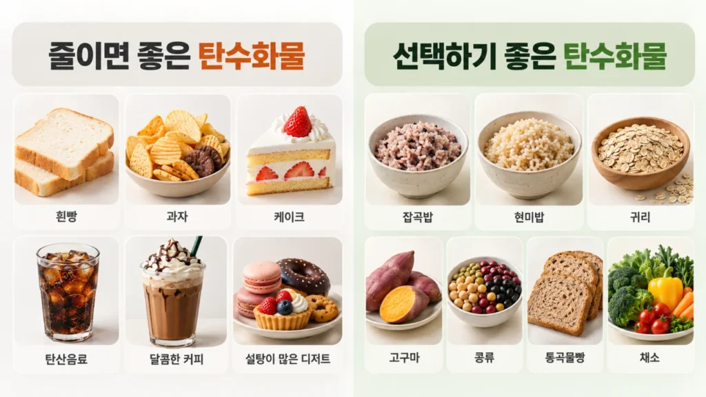 정제 탄수화물과 식이섬유가 풍부한 탄수화물의 차이를 보여주는 그림