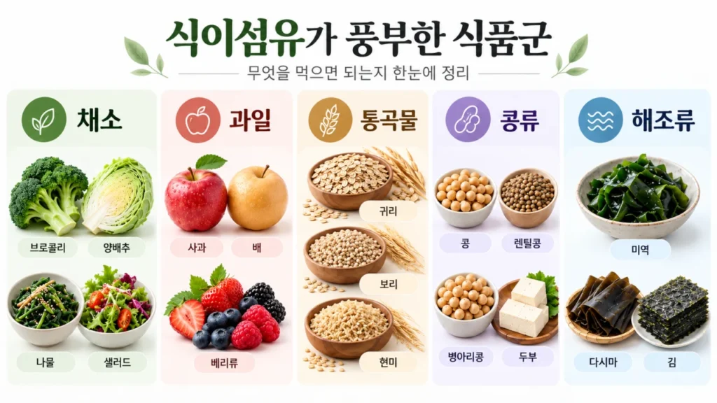 식이섬유가 많은 다양한 식품을 소개하는 그림