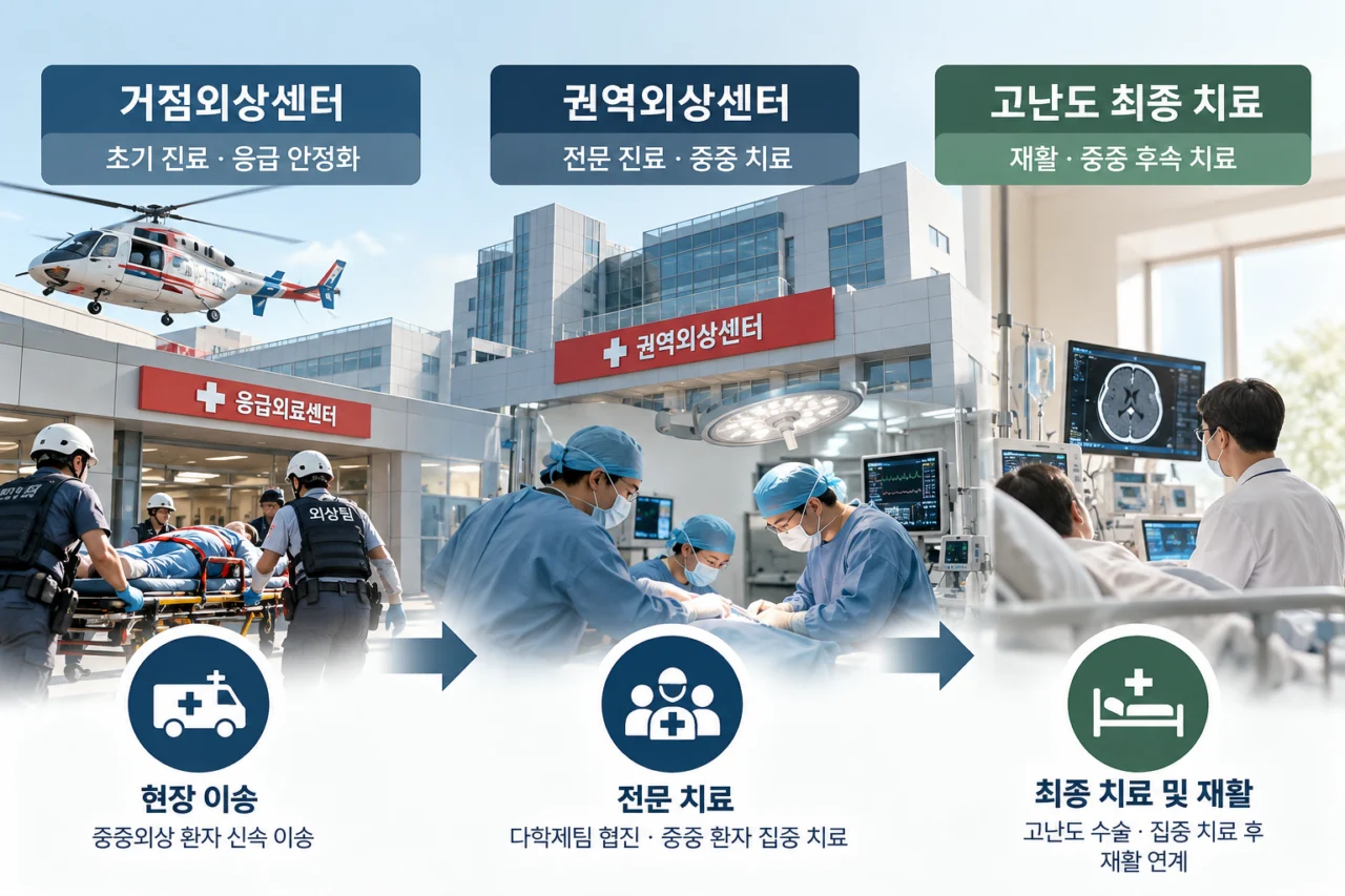 거점외상센터는 기존 권역외상센터를 대체하지 않고, 권역 내 치료가 어려운 최중증·고난도 외상환자의 최종 치료 공백을 줄이는 역할을 맡는다. (사진 - AI 생성)