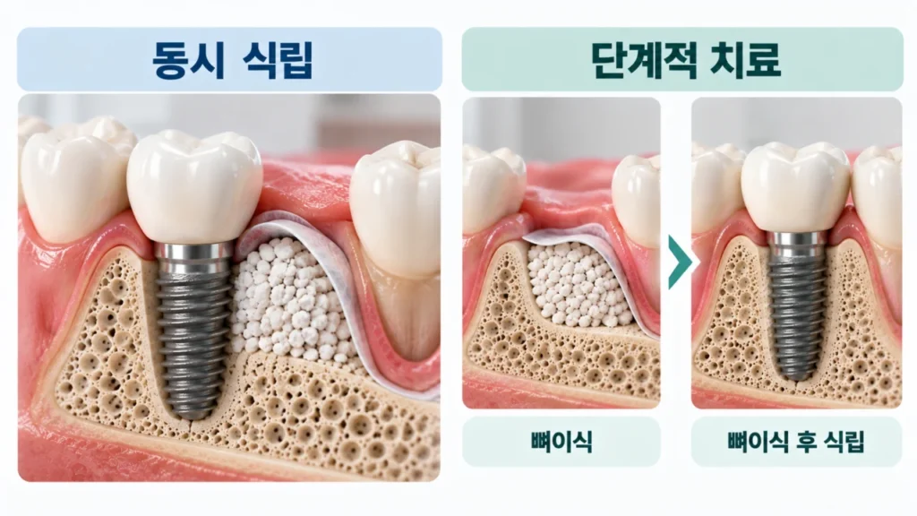 임플란트 동시 식립과 단계적 치료의 차이를 비교하는 그림