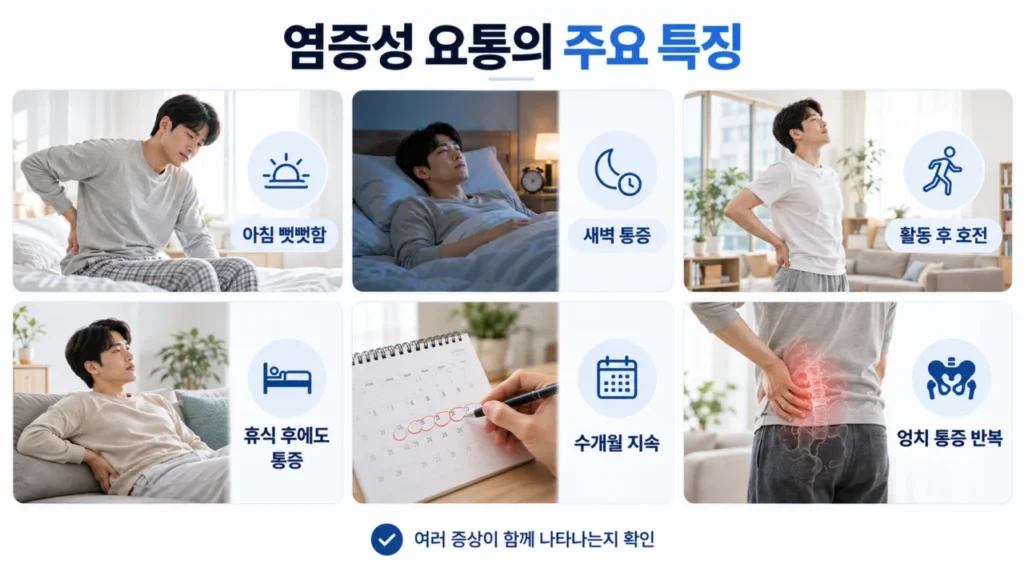 염증성 요통의 아침 강직, 새벽 통증, 활동 후 호전 등 증상 패턴을 나타내는 그림