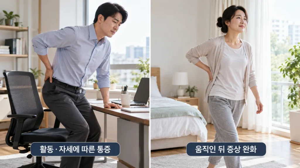 염증성 요통과 기계적 요통의 통증 차이를 비교하는 그림