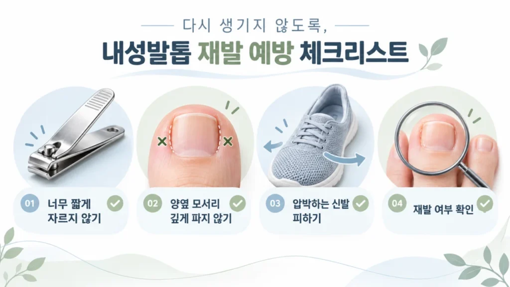 내성발톱 재발 확인을 위한 체크리스트와 관리 포인트를 안내하는 그림