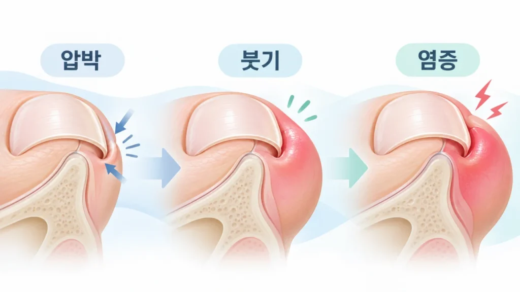 내성발톱 증상 단계별로 붓기, 염증, 진물, 육아조직 여부를 보여주는 그림