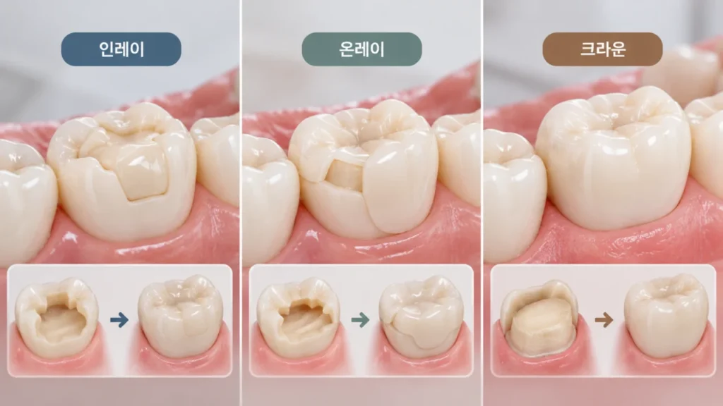 인레이, 온레이, 크라운의 수복 범위 차이를 비교한 그림