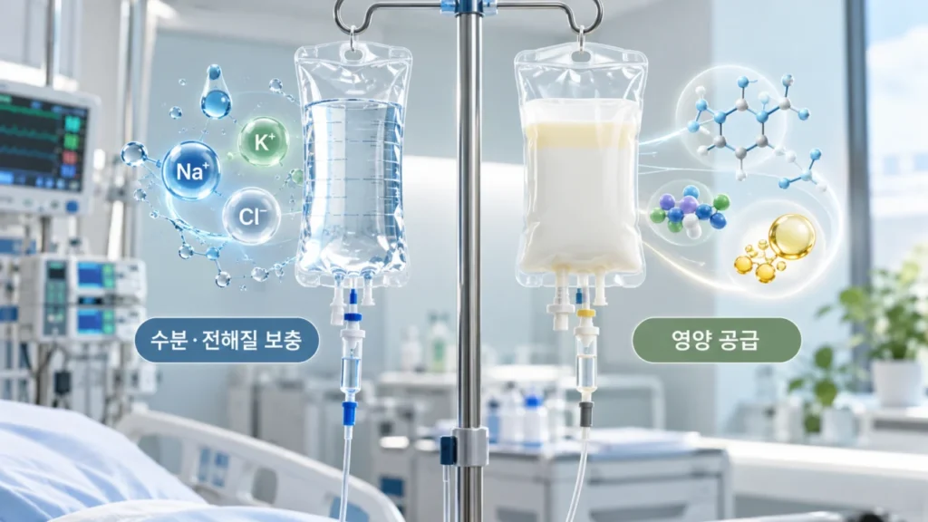 일반 정맥수액과 정맥영양의 차이를 설명하는 표와 그림