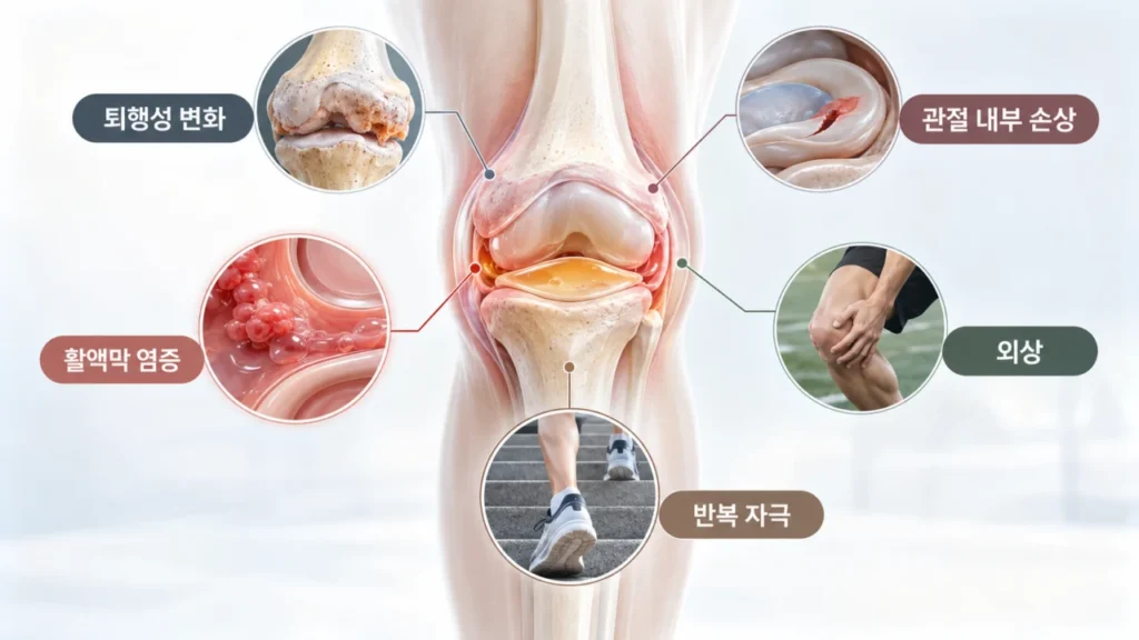 관절액을 뺀 뒤에도 무릎 물참이 반복될 수 있음을 설명하는 그림