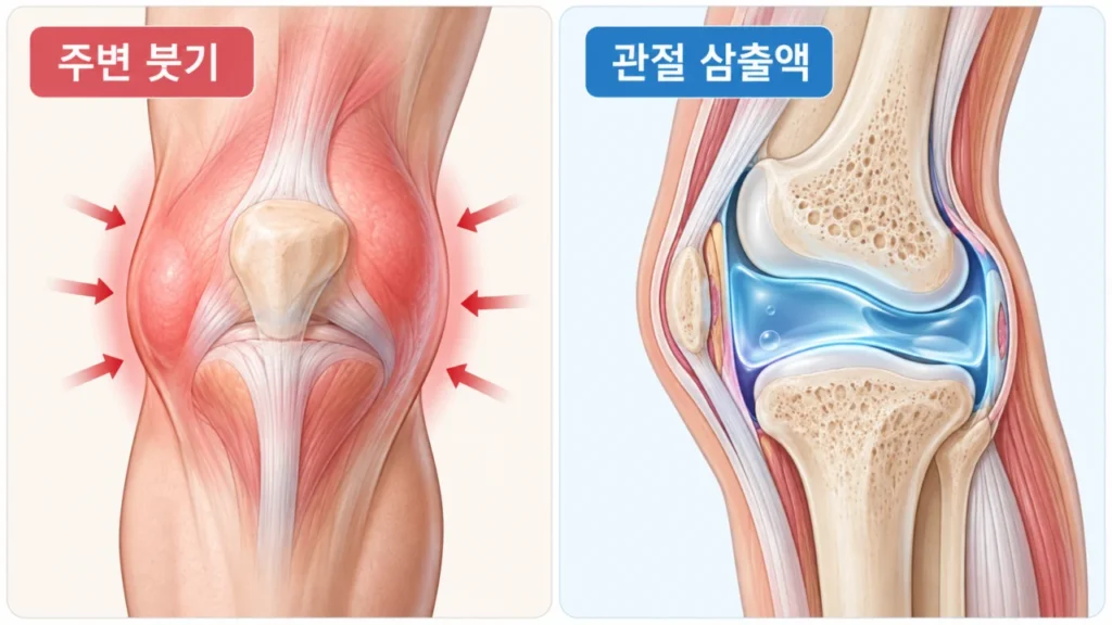 무릎 주변 조직의 붓기와 관절 삼출액의 차이를 보여주는 그림