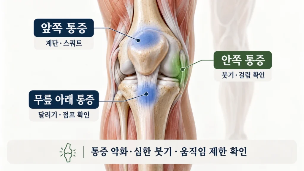 계단에서 발생하는 무릎 앞쪽, 안쪽, 아래쪽 통증 위치를 안내하는 그림