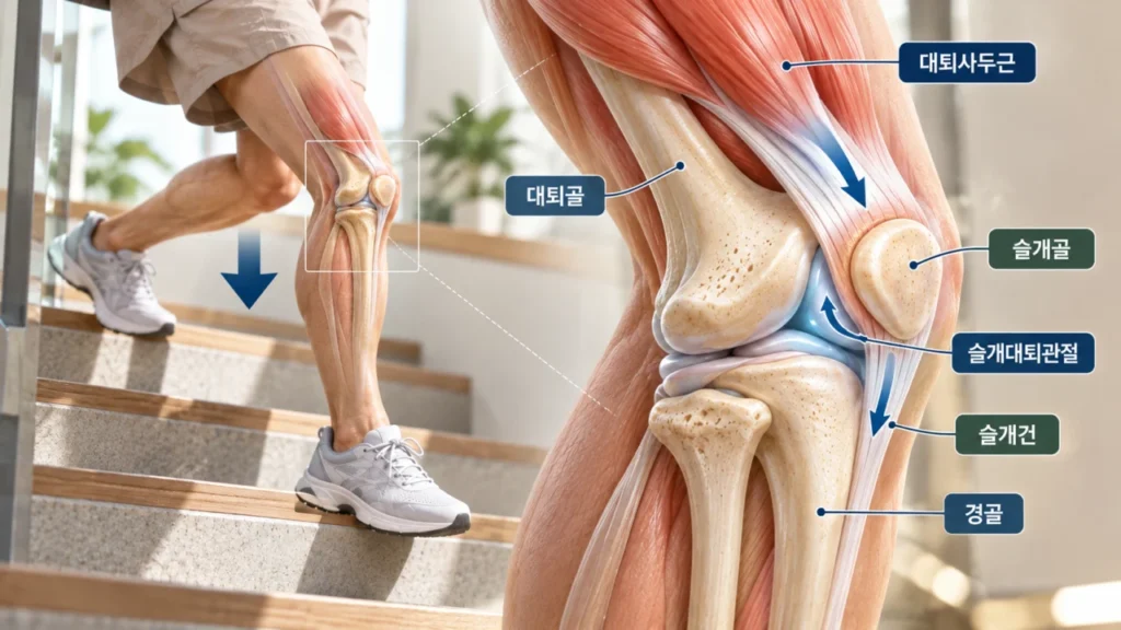 계단을 내려갈 때 대퇴사두근과 슬개대퇴관절에 하중이 전달되는 과정의 그림