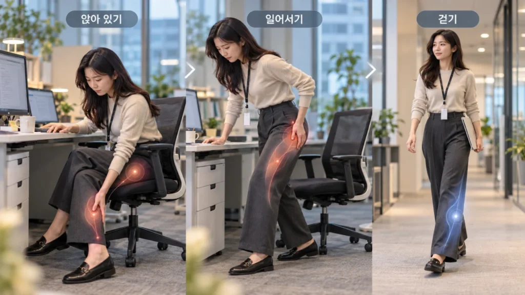 다리 저림이 앉아 있을 때, 일어설 때, 걷기 시작할 때 어떻게 변하는지 보여주는 그림