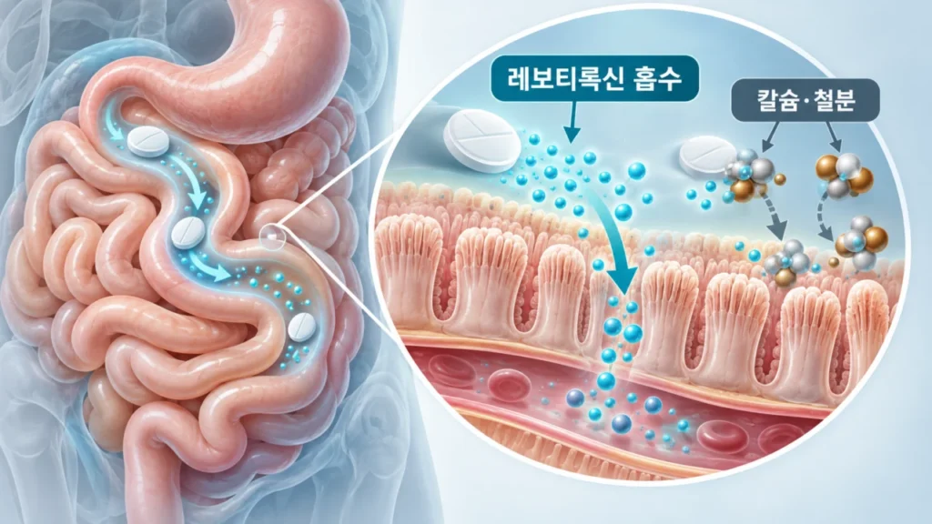 레보티록신 흡수에 영향을 주는 칼슘과 철분 등 상호작용을 설명하는 그림