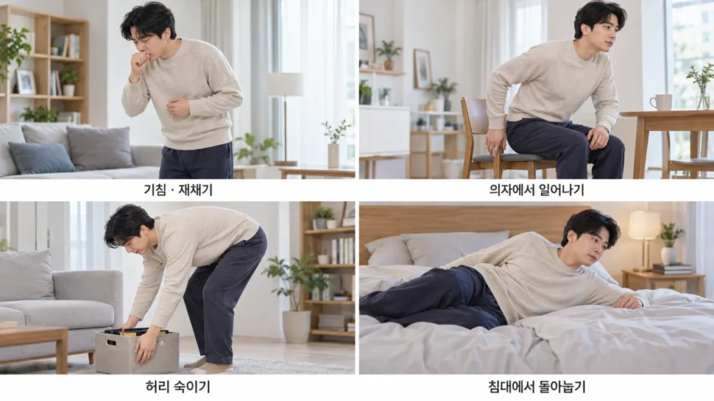 기침, 일어나기, 허리 숙이기 등 다양한 동작에서 허리 통증이 나타나는 상황을 보여주는 그림