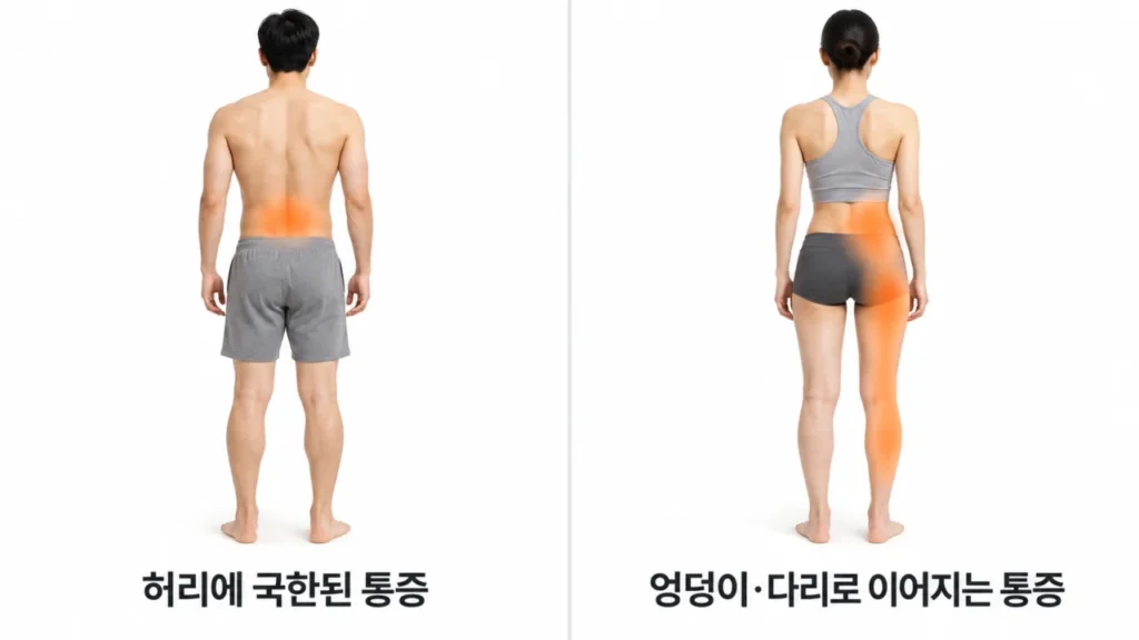 허리 통증이 엉덩이와 다리까지 퍼지는 증상을 나타내는 그림