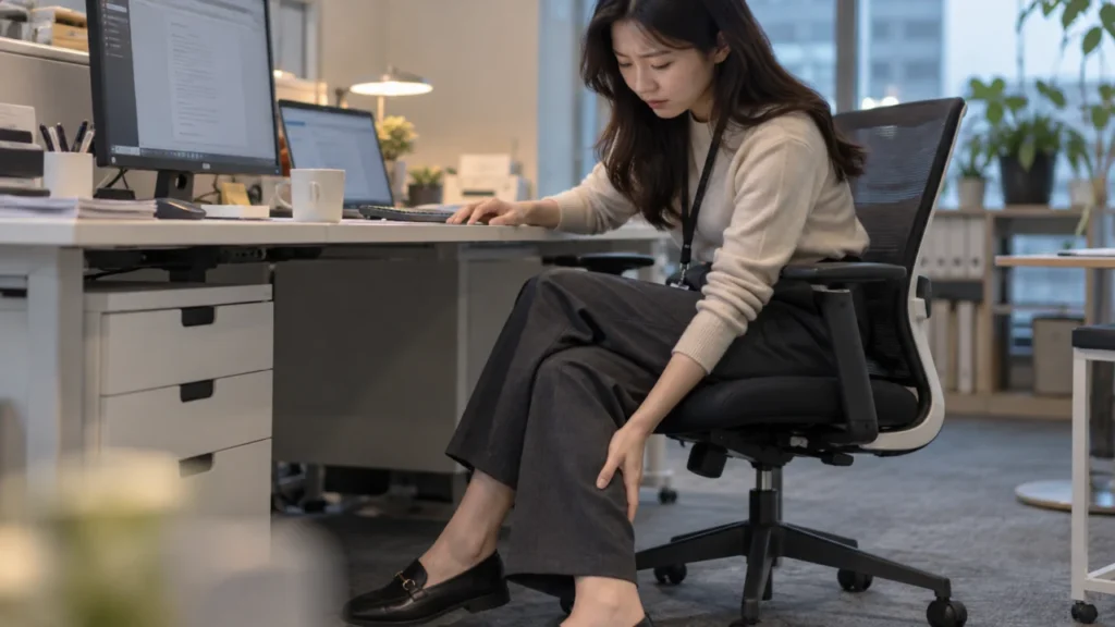허리디스크로 인한 다리 저림이 앉아 있을 때 심해지는 상황을 설명하는 그림