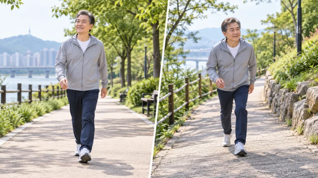 척추관협착증 환자가 평지와 경사로에서 걷는 조건에 따라 다리 증상이 달라질 수 있음을 설명하는 그림