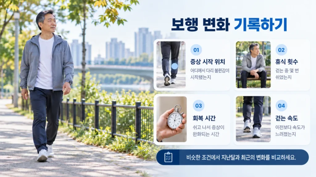 척추관협착증 보행 변화 기록 방법을 안내하는 그림