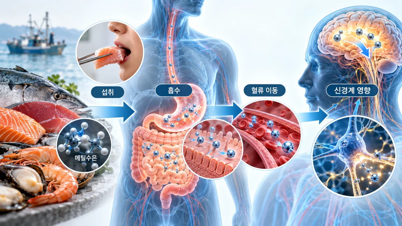 메틸수은은 오염된 수산물 섭취를 통해 체내에 흡수될 수 있으며, 노출량과 기간 등에 따라 신경계에 영향을 줄 수 있다. (사진=생성형AI)
