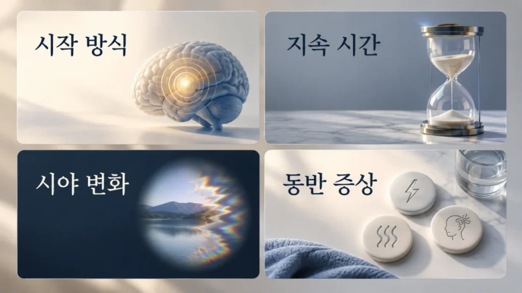 편두통 전조증상 기록 방법을 안내하는 시각적 가이드 그림